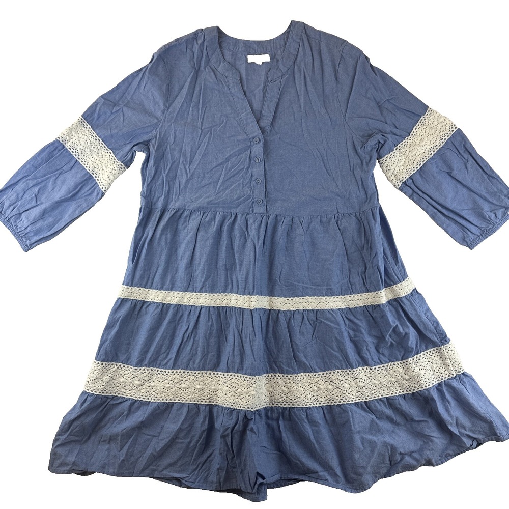 VTG Linda Anderson Chambray Modest Dress Womens Medium Blue Crochet Lace Boho